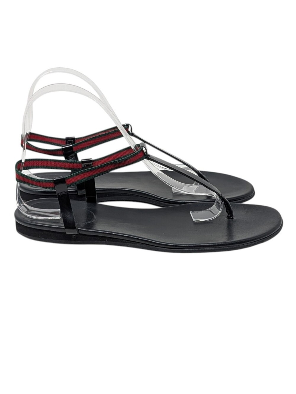 Gucci Black Green Red Striped Thong Leather Minimalist Flat Sandal Size 8 - Picture 3 of 10